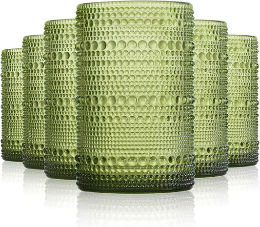 Hobnail Drinking Glasses Set of 6, Vintage Colored Glassware 14.5oz, Tall Beverage Glass Cups for Water, Juice, Cocktail (Green)