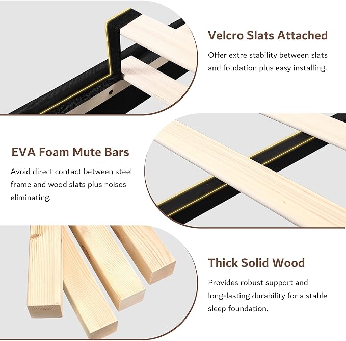 iPormis Full Size Bed Frame with Charging Station, Linen Platform Bed Frame with Wingback Upholstered Headboard, Solid Wood Slats Support, No Box Spring Needed, Easy Assembly, Black