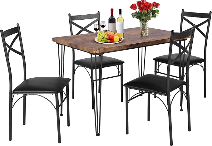 VECELO Kitchen Dining Room Table Set with 4 Chairs for Small Space, Apartment,Metal Steel Frame