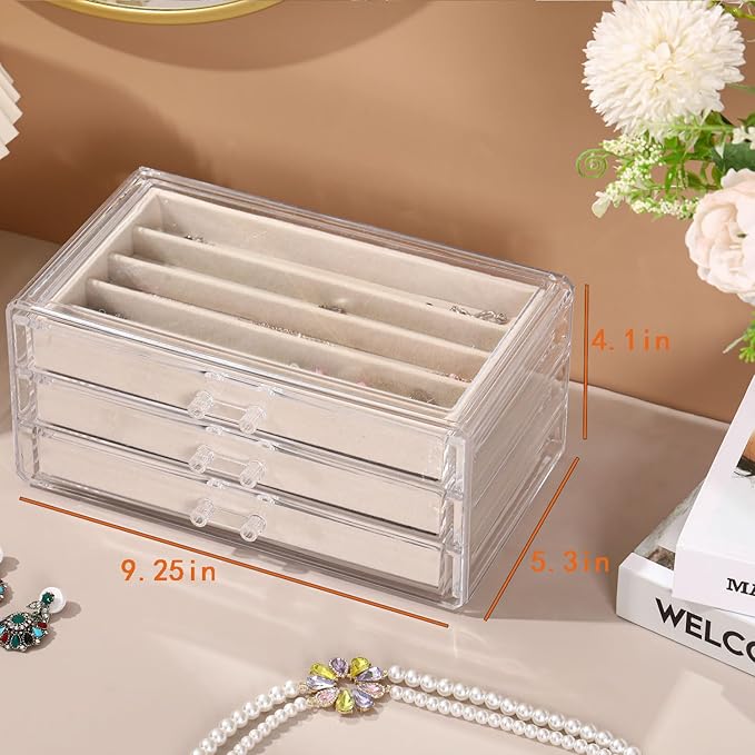 Necklace Organizer Box with Clear Lid, Dustproof Velvet Jewelry Holder Storage Display Case, Stackable Acrylic Necklace Tray Drawer Insert for Women and Girls (Beige,3 Drawers)