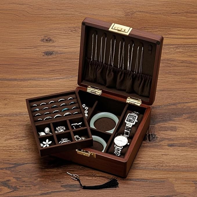 Bescott 2 Layer Solid Wooden Jewelry Box with Lock and Key for Women Men Vintage Velvet Wood Jewelry Organizer Storage for Earrings Rings Necklaces Bracelet Watch Mother’s Day Gift
