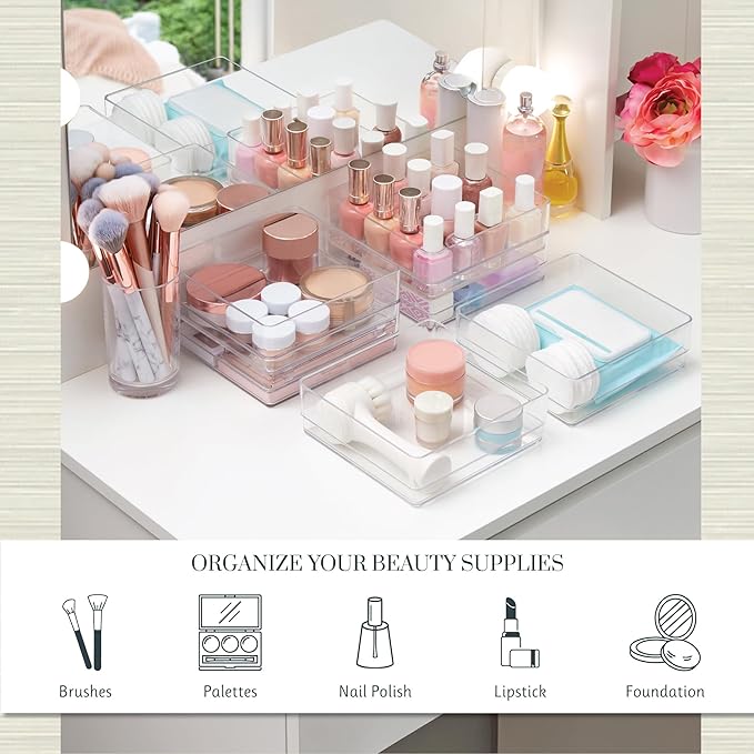 STORi SimpleSort 6-Piece Stackable Clear Drawer Organizer Set | 6" x 6" x 2" Square Trays | Small Makeup Vanity Storage Bins and Office Desk Drawer Dividers | Made in USA