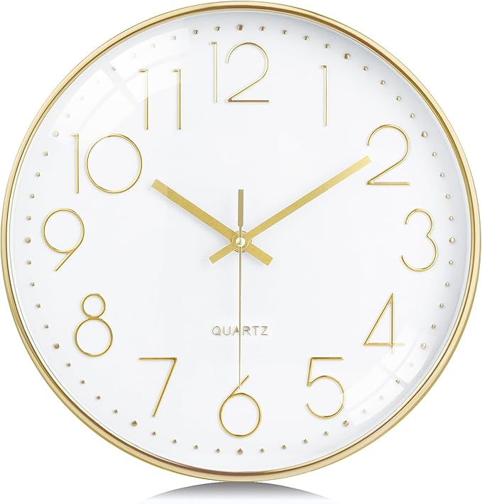 Lafocuse 12 Inch Silent Gold Wall Clock for Living Room Home Decor, Battery Operated Gold Clock Analog for Kitchen