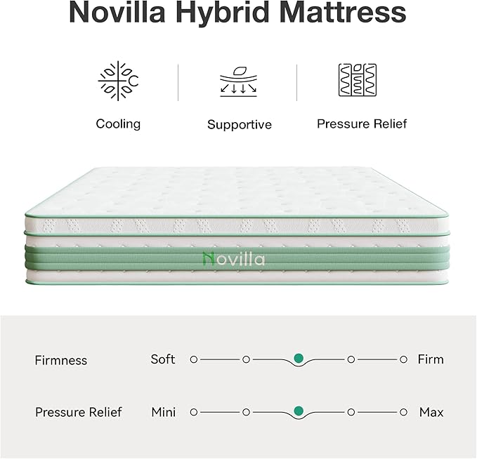 Novilla Queen Mattress 14 Inch, Hybrid Mattress Queen for Motion Isolation, Gel Memory Foam with Pressure Relief for Cool Night Sleep, Medium Firm Mattresses with Pillow Top, Certipur-Us Certified