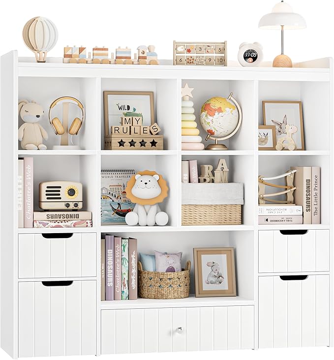 HORSTORS 48"W Kids Toy Storage Organizer, Large Toy Storage Chest with Removable Bins, 46"H Kids Bookshelf and Bookcase with Drawers for Boys and Girls, Modern Toy Box for Playroom, Classroom, White