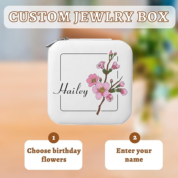 Custom Travel Jewelry Organizer with Birth Flower and Name, Personalized Jewelry Box, Custom Gifts for Birthday, Wedding, Anniversary, Personalized Gifts for Women, Girls, Mother, Wife, Bridesmaid