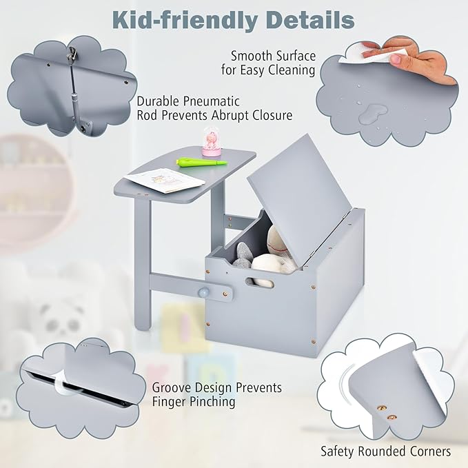 Costzon Kids Table and Chair Set, Convertible Toy Storage Bench with Built-in Handle for Kindergarten, Preschool, Kids Room, Playroom, Wood Reading Nook for Toddler Boys Girls Ages 3 to 7 (Grey)