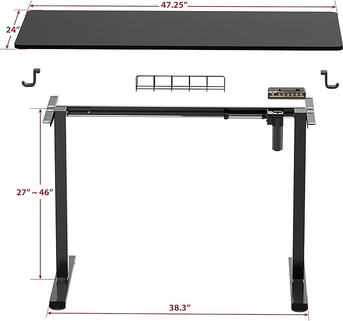 SHW 48-Inch Electric Height Adjustable Sit to Stand Desk with Hanging Hooks and Cable Management, Black Frame and Black Top