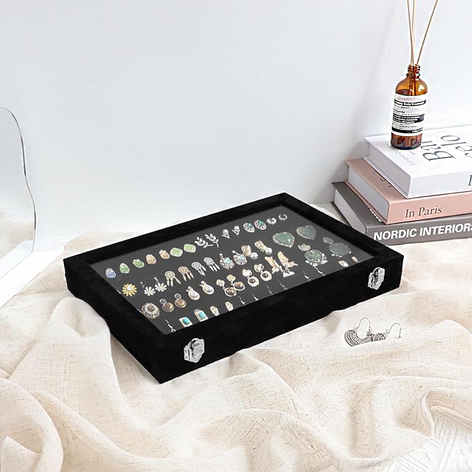 Wudygirl Earring Organizer Tray Jewelry Organizer 32 Pairs Earring Box Organizer Black Velvet Jewelry Display Case with Transparent Lid(Black Earring Storage)