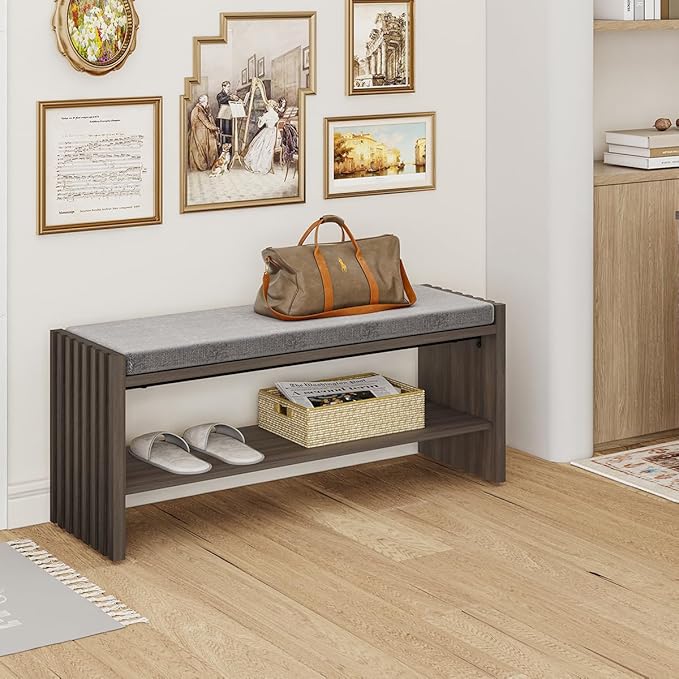 BON AUGURE Shoe Storage Bench, Entryway Bench with Cushion, Ottoman Benches for Bedroom, Living Room, Shoe Rack Seat for Hallway Entry (Greige Oak, 40 Inch Wide)