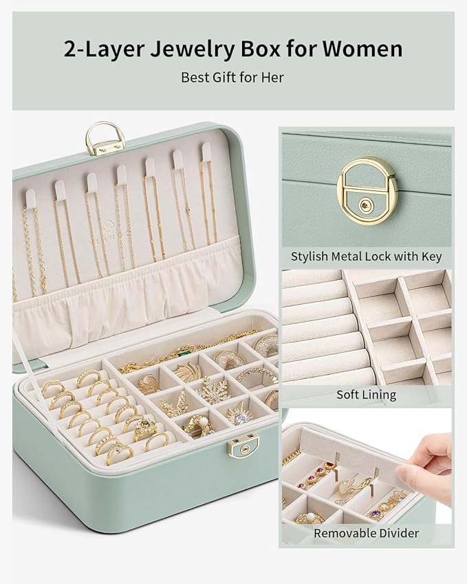 Vlando Jewelry Box Organizer for Women Girls, 2 Layer Jewelry Case with Lock,Jewelry Storage Earrings Necklace,Rings,Gift Box Packaging,Wedding Birthday Gifts Aqua Green