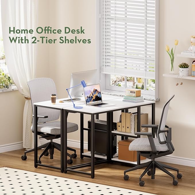 SINPAID 40IN Computer Desk with Shelves, Cream White Sturdy Small Desk for Bedroom, Modern Gaming Table, Office Furniture