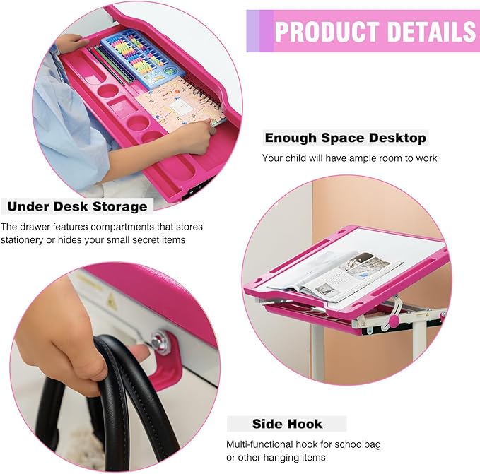 PayLessHere Kids Desk and Chair Set,Height Adjustable Study Desk for Kids with Pull Out Drawer Storage,Multi-function Study Desk and Chair for Writing, Reading and Drawing (Pink)
