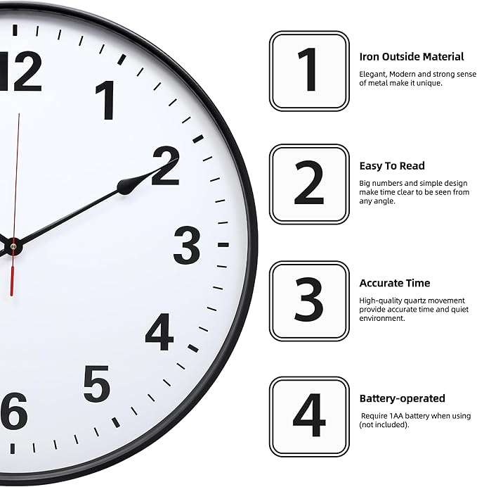 LEIKE Metal Large Wall Clock 24IN Black, Retro Silent Quartz Battery Operated, Decorative for Patio, Kitchen, Living Room, Bedroom, Pool
