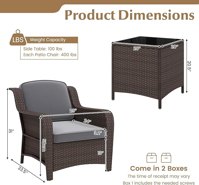 Tangkula 3 Pieces Outdoor Patio Furniture Set, Patiojoy PE Rattan Wicker Chairs with Cushions and Tempered Glass Coffee Table, Outdoor Wicker Conversation Bistro Set for Porch, Balcony, Garden (Gray)