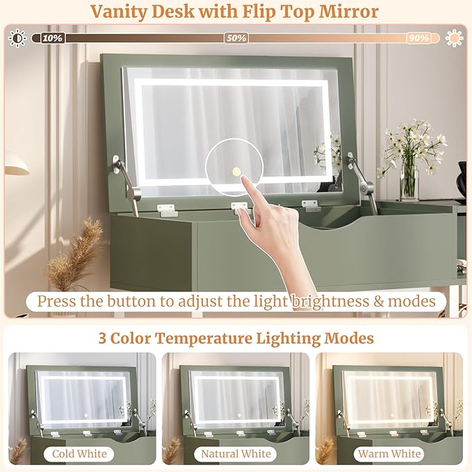 Cyclysio Vanity Desk with Flip Top Mirror and Lights, Makeup Vanity Desk with Drawers, Dressing Table with Storage Shelves & Charging Station, Small Vanity for Small Spaces, Green