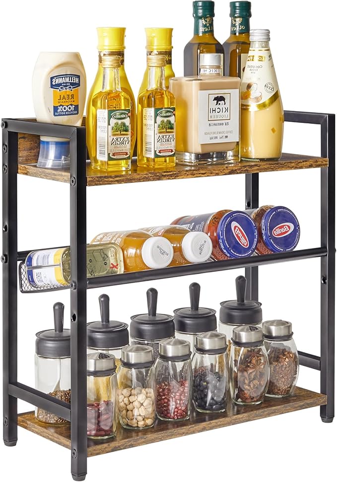 IBUYKE 3-Tier Spice Rack Industrial Counter Shelf Desktop Storage Organizer Standing Seasoning Rack for Countertop Kitchen Office Living Room Desktop Rustic Brown UTLJ021H