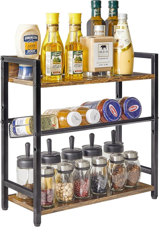 IBUYKE 3-Tier Spice Rack Industrial Counter Shelf Desktop Storage Organizer Standing Seasoning Rack for Countertop Kitchen Office Living Room Desktop Rustic Brown UTLJ021H