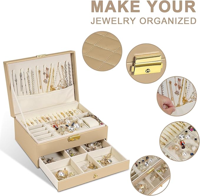 2-Layer Jewelry Box for Women, Jewelry Organizers and Storage with Removable Jewelry Tray, Vintage Quilted Top Lockable Jewelry Holder Gift Box for Girl