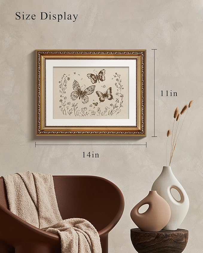 VIYYIEA Gold Framed Wall Art, Butterflies Canvas Print Home Decor Vintage Art Painting Picture Bathroom Wall Decor, Animals Artwork for Living Room Bedroom Kitchen Office - 14L x 11W