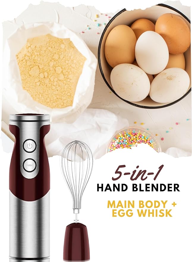 MegaWise Pro Titanium Reinforced 5 in1 Immersion Hand Blender, Powerful with 80% Sharper Blades, 12 Speed Corded Blender, Including 500ml Chopper, 600ml Beaker, Whisk and Milk Frother