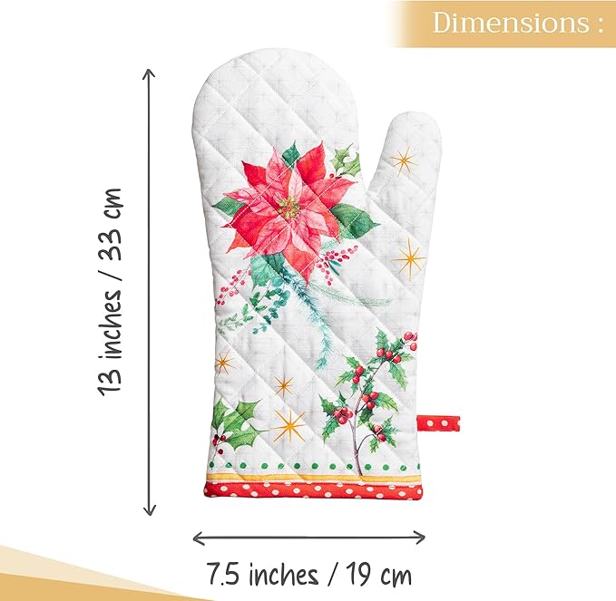 Maison d' Hermine Oven Gloves 100% Cotton Oven Mitt 7" x 13" with Loop Heat Resistant Cooking Gloves for Thanksgiving Christmas Decorations Baking Handling Hot Pans (Pack of 1, Poinsettia Christmas)