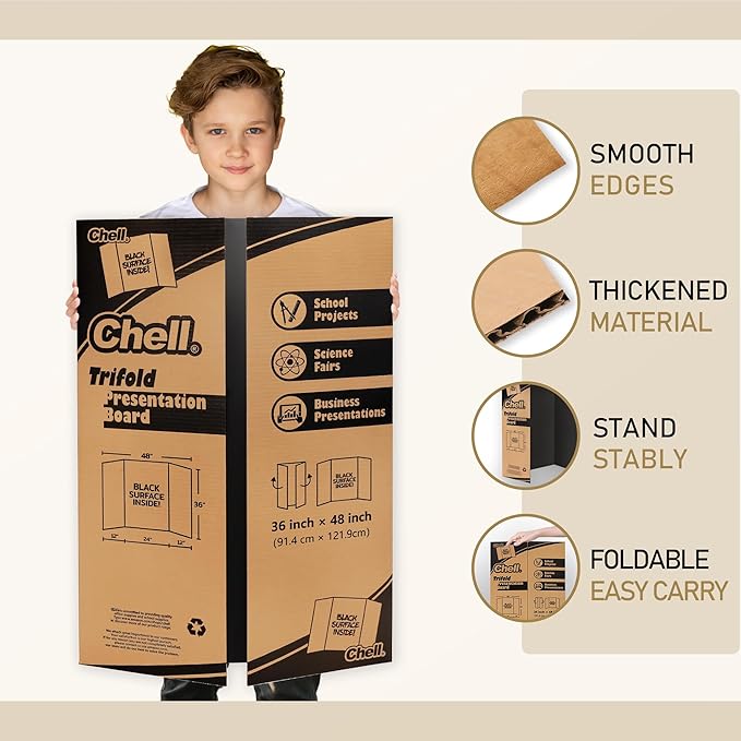 Chell 36" x 48" Large Trifold Poster Board, 2 Pack, Black Corrugated Project Boards for Science Fair, School Projects, Event Displays and Business Presentations