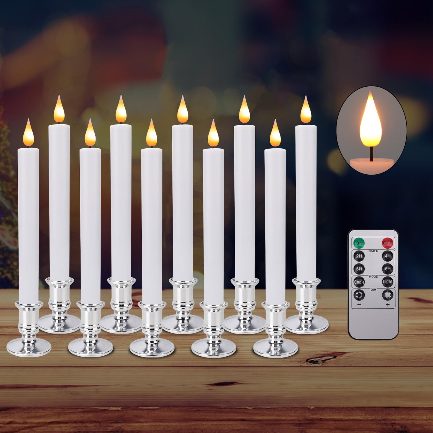 LED Flameless Window Candles with Remote Timer Sliver Base 10 PCS Battery Operated Flickering Taper Candle Lights with Removable Candle Holders Best Gift for Xmas Wedding Home Dinner Décor