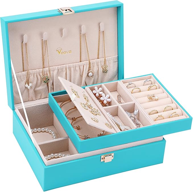 Voova Jewelry Box Organizer for Women Girls, 2 Layer Large Men Jewelry Storage Case, PU Leather Display Jewellery Holder with Removable Tray for Necklace Earrings Rings Bracelets, Gift, Teal/Lake Blue