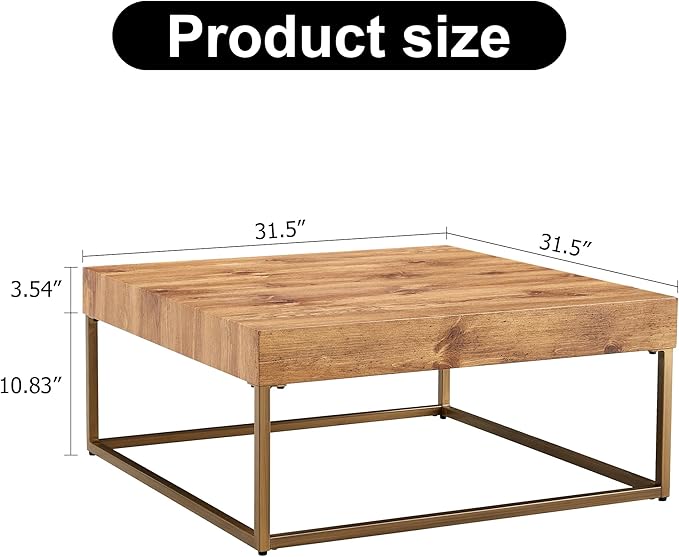 31.5'' Modern Square Coffee Table for Living Room, Metal Legs Large Coffee Table, Wooden Tea Table Top for Dining Room Office Small Space