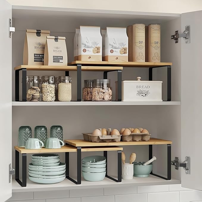 2 Pack Cabinet Organizer Shelves, Stackable and Expandable Kitchen Counter Shelf, for Kitchen Cabinet Countertop Storage, Spice Rack, Metal and Premium Bamboo (Black, 11.7" W)
