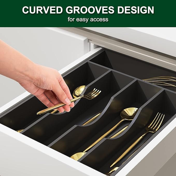 Bellsal Black Utensil Organizer 10 Inch Silverware Tray for Utensil Holder Cutlery Organizer Kitchen Drawer Organizer 5 Compartment Small Narrow Bamboo