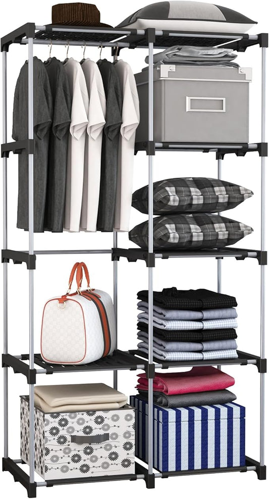 Portable Wardrobe, Clothes Organizer, Easy Hanger Wardrobe, Multiple Dividers and 3 Drawers, 6 Side Pockets Large Capacity (Durable Black)