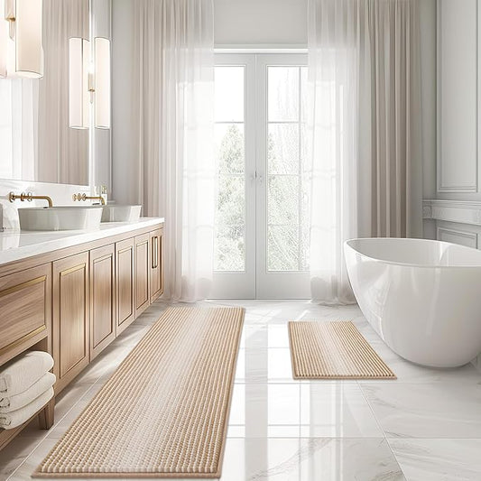 BSICPRO Bathroom Rugs and Mats Sets, 2 Piece Thick Absorbent Chenille Bath Mat Rug Set Non Slip, Soft Shaggy Bath Room Floor Mats for Bathroom, Machine Washable (Beige, 20" x 60" Plus 20" x 32")