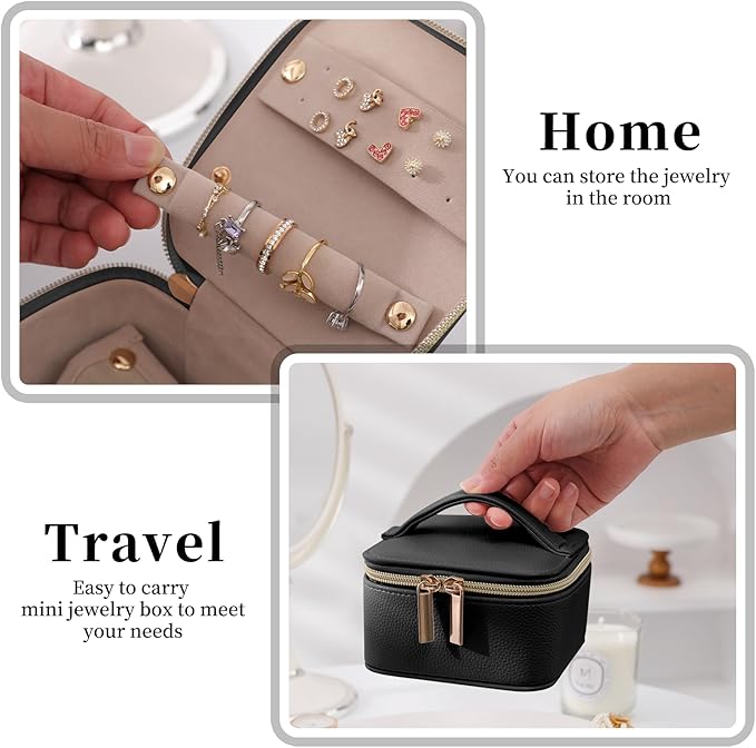 PU Leather Travel Jewelry Organizer Case with 4 Pouches & Handle, Anti-Tangle Storage Box for Necklace, Earrings, Rings, Compact Jewelry Box for Women Gift (Black)