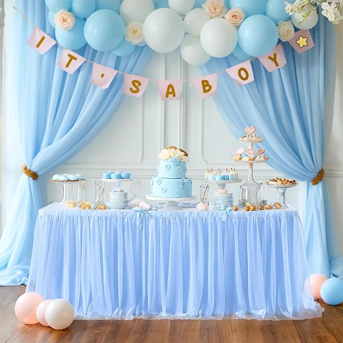 Baby Blue Tulle Table Skirts for Rectangle Tables or Round Tables 9ft Blue Tutu Table Cloth Cover for for Baby Shower Boy Birthday Party Baby Shark Gender Reveal Cake Table Decorations
