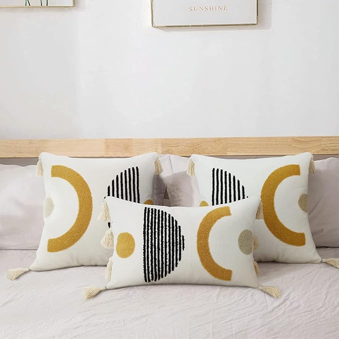 Merrycolor Boho Throw Pillow Covers with Tassels 18x18 Yellow Mid Century Modern Throw Pillows Geometric Decorative Abstract Pillow Cases Textured Boho Accent Pillows for Bed Couch Living Room,1PC
