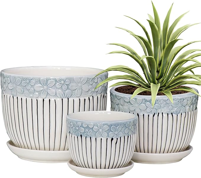 Ton Sin Grey Flower Pots,Texture Planter for Indoor Plants Set of 3 Ceramic Flower Pots with Saucer,Cute Garden Pots Succulent Pots（3 Pack,Grey