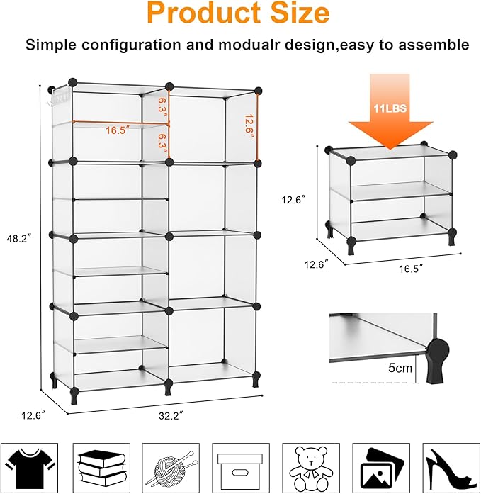 AWTATOS Closet Organizer 8 Cube Storage Shelves Clothes Organizers Closet Storage Stackable Cubby Shelving for Closet Bedroom Living Room Translucent