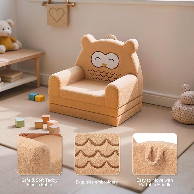Toddler Couch, 3-Fold Convertible Kids Couch with Cute Owl Design, Fold Out Toddler Chair for 1-3 Years Old, Soft Baby Sofa Bed for Playroom, Washable Cover