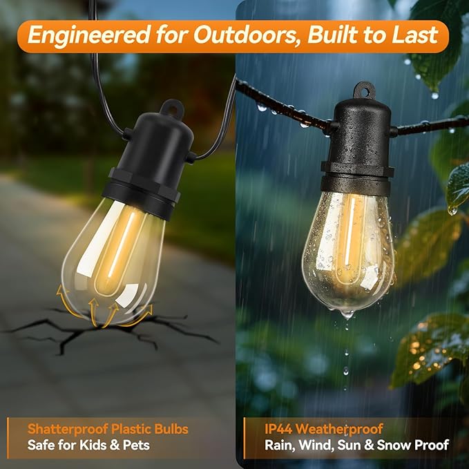 96FT Total LED Outdoor String Lights 2-Pack Dimmable Commercial Grade S14 Bulbs IP44 Weatherproof & Shatterproof for Large Patio Cafe Event