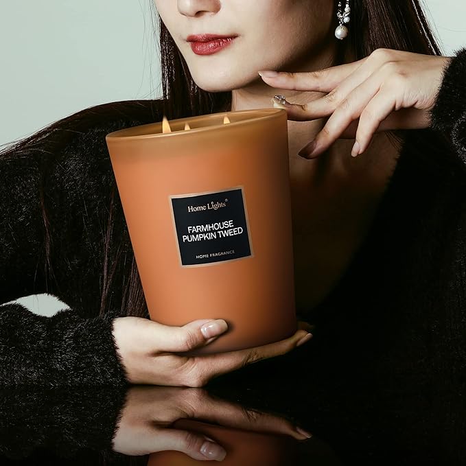 HomeLights Highly Scented Candles, Big 33.3 oz for Home, Natural Soy Aromatherapy Candles, Smokeless Long Lasting 130h with 3 Cotton Wicks, Candles Gifts for Women & Men - Farmhouse Pumpkin Tweed