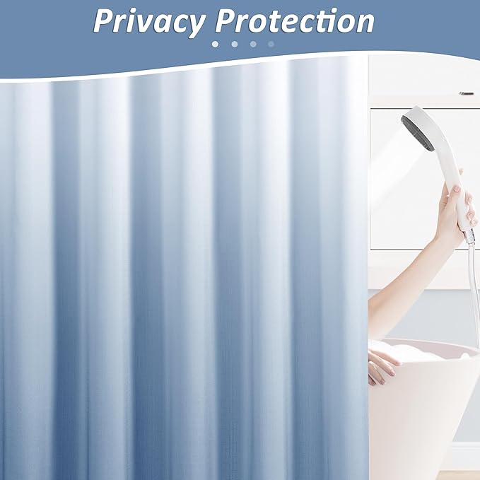 Blue Grey Shower Curtains for Bathroom, Ombre Textured Fabric Shower Curtain Set, Hotel Spa Luxury with 12 Hooks, Machine Washable, Decorative Bathroom Curtain Blue Grey 72 x 72