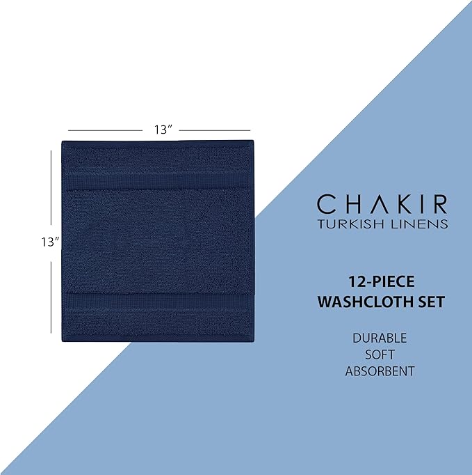 Chakir Turkish Linens | Hotel & Spa Quality 100% Cotton Premium Turkish Towels | Soft & Absorbent (12-Piece Washcloths, Navy)