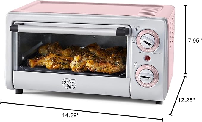 GreenLife Countertop Toaster Oven Air Fryer Stainless Steel, Healthy Ceramic Nonstick, PFAS and PFOA-Free, Tray & Basket, Bake, Broil, Reheat, Adjustable Temp & Time Control, Auto Shutoff, Pink