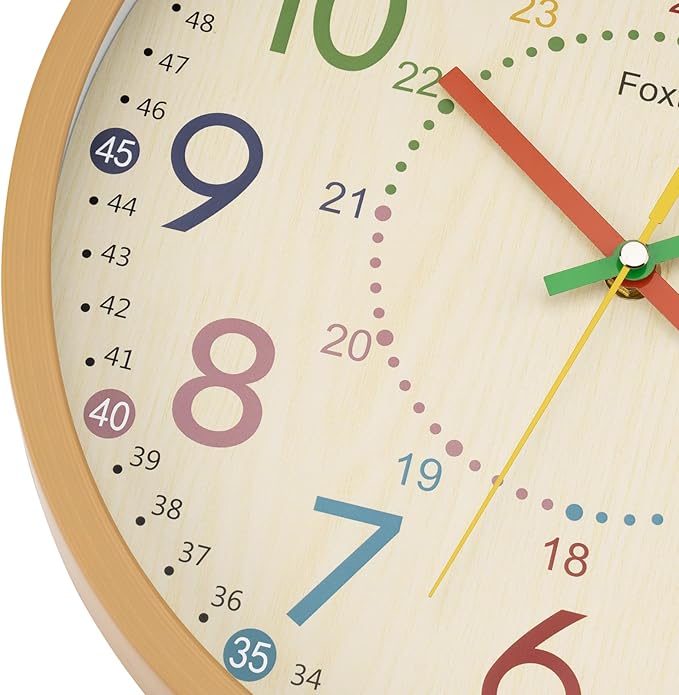Foxtop Kids Wall Clock 12 Inch Silent Non-Ticking Battery Operated Colorful Childrens Wall Clock for Classroom Playroom Nursery Bedrooms Kids Room School