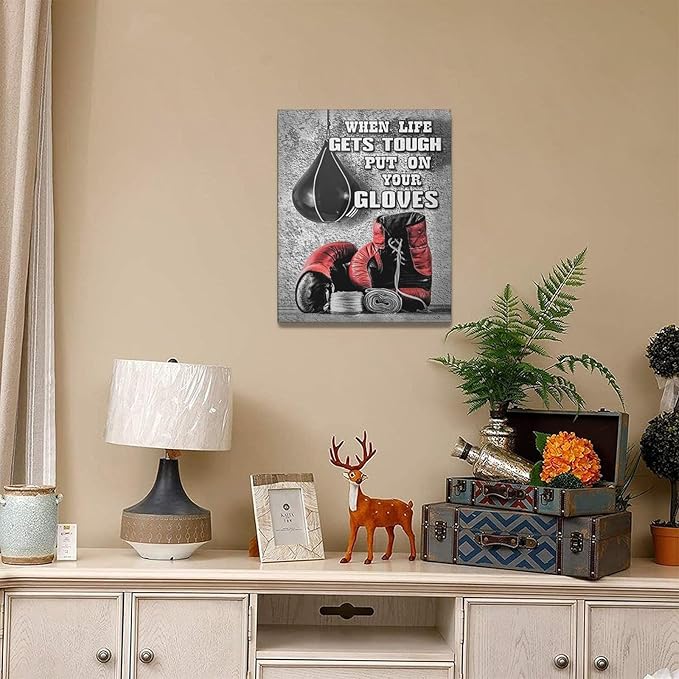 Boxing Posters Wall Art Red Boxing Gloves Pictures Wall Decor Black And White Inspirational Quotes Canvas Prints Painting Artwork Sports Canvas Home Decorations For Teen Boys Room Dorm Bedroom 16"x20"