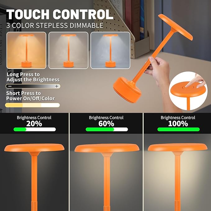 Small Table Lamp With 5200mah Battery - Rechargeable Desk Lamp For Cozy Nights, Usb-C Fast Charging & Stepless Dimming, Cordless Table Lamp With 3 Lighting Modes For Bedroom, Office & Travel(Orange)