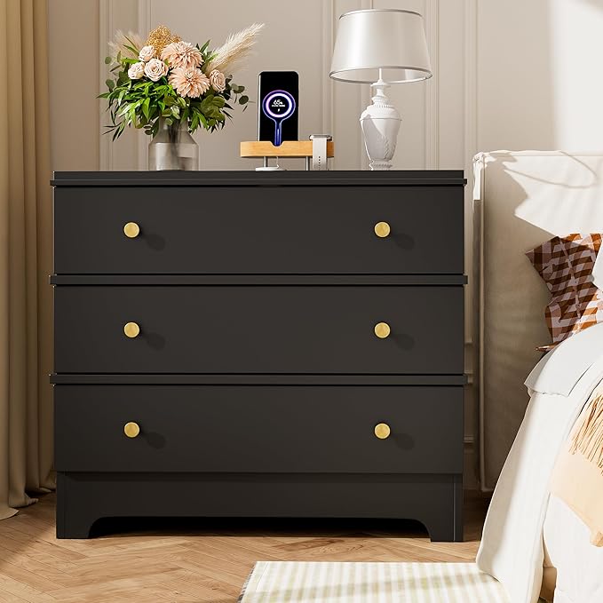 3 Drawer Nightstand with Charging Station,28" Farmhouse Night Stand & Modern Bedside Table, Wood End Table Storage Cabinet for Hallway, Entryway,Black Set of 2