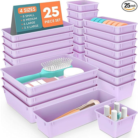 25 PCS Plastic Drawer Organizer Set, 4-Size Versatile Organizer Trays & storage Bins for Makeup, Jewelry, and Gadgets in Bathroom, Bedroom and Office, Purple